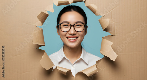 Businesswoman smile tear cardboard background creativity concept success optimism breakthrough solution