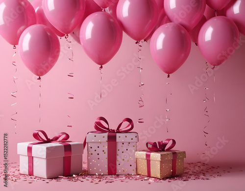 Gift boxes with pink balloons and confetti. 3D rendering. A beautiful wallpaper with a 3D render of a birthday background with a gift box and balloons. gift box with balloons.