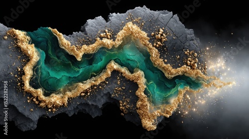 emerald green flowing abstract lines over gold textured surface, soft radiant light, luxury style