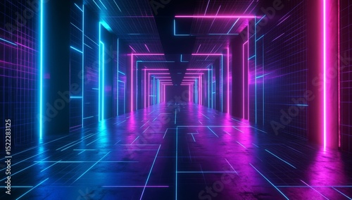 Digital background featuring blue and purple glowing neon lights on a black backdrop, with a dark floor in the foreground. 
