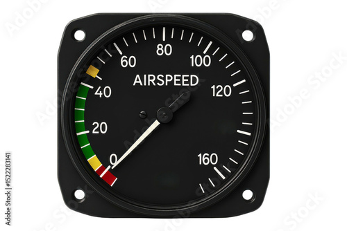 Airspeed indicator gauge for aviation and flight monitoring on a transparent background