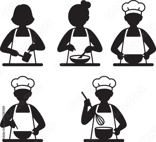 Silhouette cooking icons featuring cooks and chefs preparing food in the kitchen