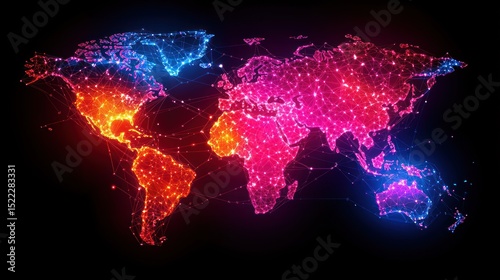 World map of glowing colorful interconnected dots