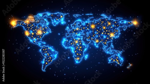 World map outlined in neon lights, star-filled background