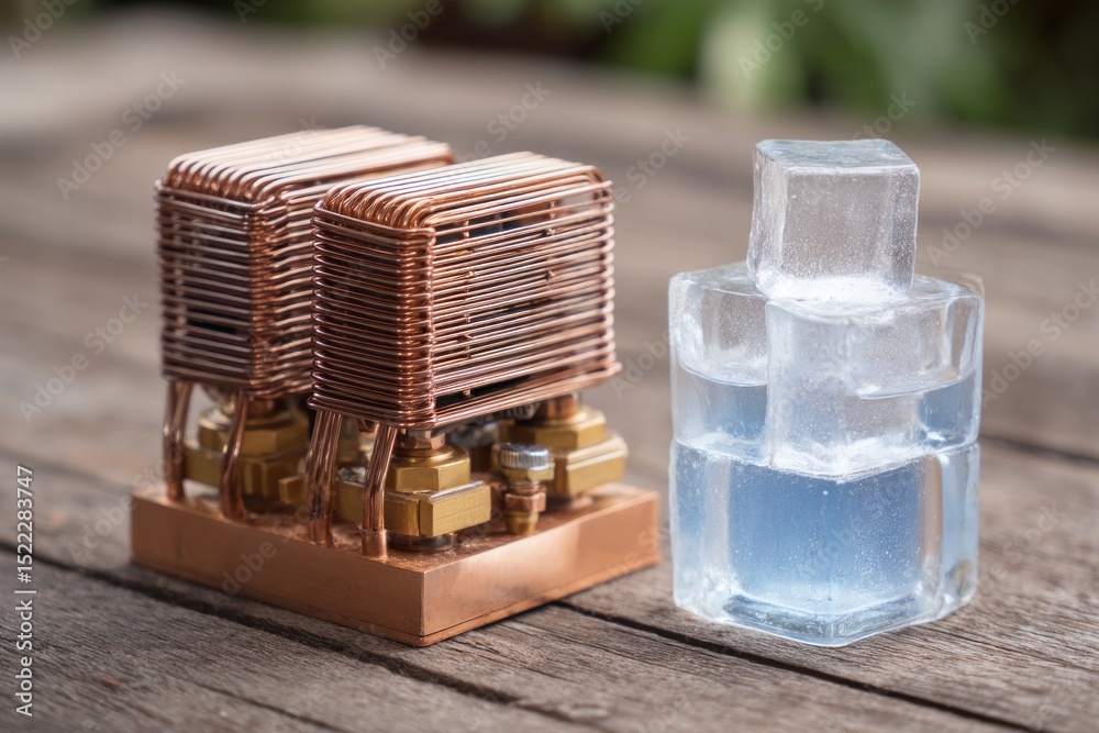 Fototapeta premium DIY Cooling Devices and Hacks. Close-up of copper coil cooling system next to stacked melting ice cubes on wooden table, symbolizing refrigeration or cooling concept.