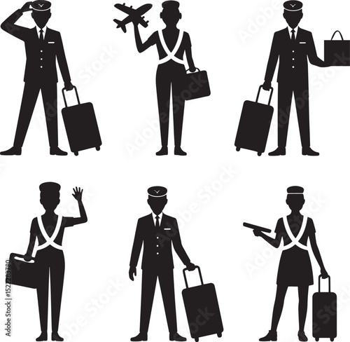 Silhouetted figures of airport staff portraying travel and service icons on a white background