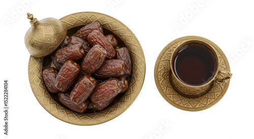 Isolated Transparent PNG of Golden Bowl Full of Dates and Tea Cup