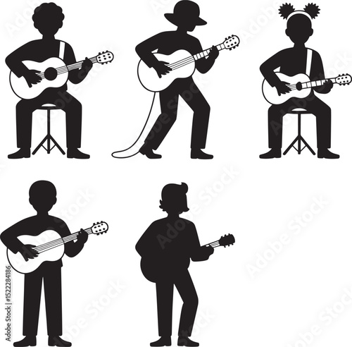 Silhouetted musicians playing guitars in various poses with black and white illustration style