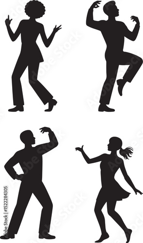 Silhouettes of four people dancing in different poses isolated on white background