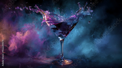 martini cocktail splashing in blue and purple smoky background. generative ai