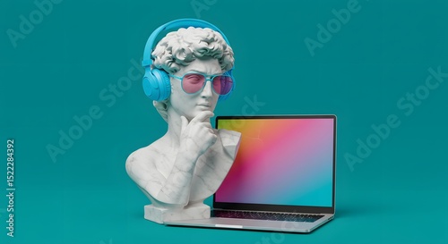 A modern interpretation of art, with the sculpture adorned in stylish accessories beside a vibrant laptop. This juxtaposition creates an intriguing image for any media.