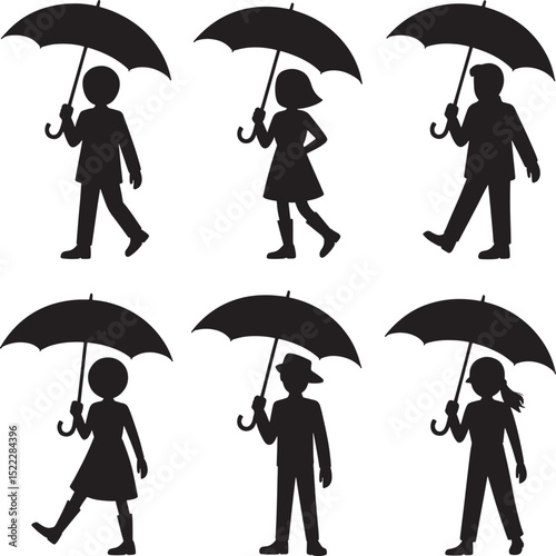 Silhouettes of people walking under umbrellas in the rain vector illustration