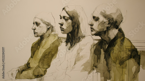 art critique on body representation | working class realism | social melancholy | olive green and sienna | room context framing | vacant eyes | loosely defined edges | structural flatness | observer