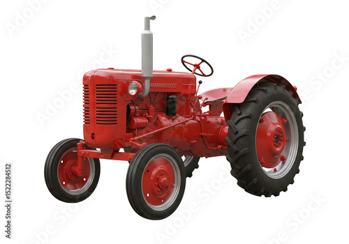 Isolated Vintage Red Tractor Vehicle Machine with Transparent Background