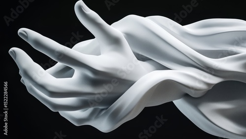Abstract minimalist white sculpture in the form of intertwined fingers, monochrome black background, 3D render, Cinema 4D, high resolution. 