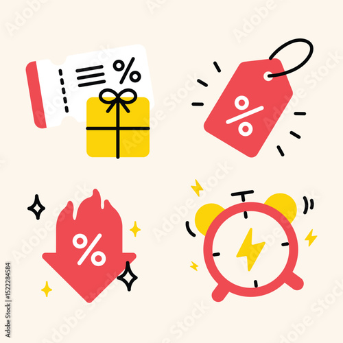 Marketing Callout Pack, including voucher, alarm alert, price reduction, and percentage tag. Ideal for advertising banners and seasonal campaigns.