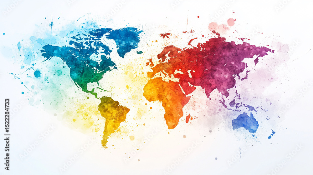 Fototapeta premium A vibrant watercolor world map celebrating global unity and diversity in a splash of colors on a clean white canvas with