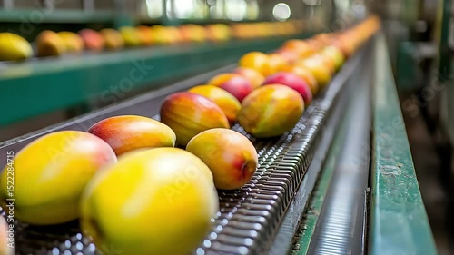 Mangoes on a conveyor belt in a processing facility. The scene shows ripe mangoes in various shades of yellow and orange, ready for packaging.