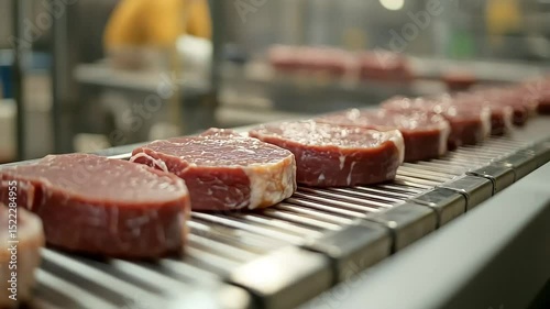 Raw beef steaks arranged on a conveyor belt in a meat processing facility. The steaks are marbled and fresh, ready for packaging.