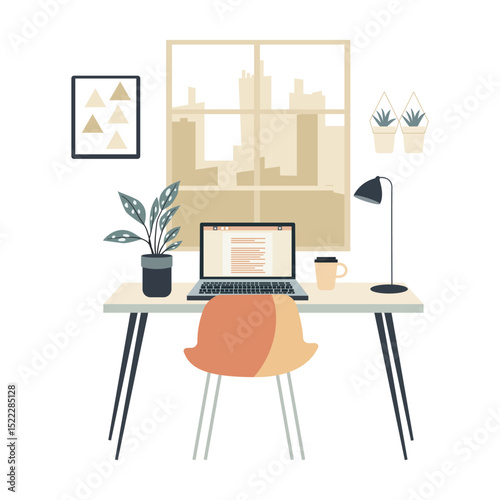 Remote work from home. Freelance. A work computer in a home environment. Vector illustration