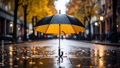 Wallpaper Mural Autumnal Cityscape: A Yellow and Black Umbrella on a Wet Street Torontodigital.ca