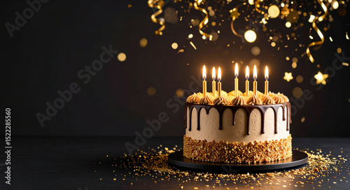 Chocolate cream cake with  lit candles against a dark background with glowing lights.