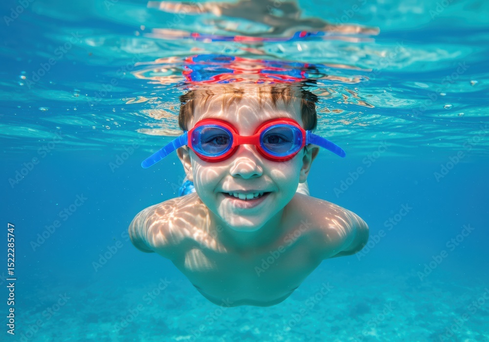 Naklejka premium A young boy enjoys swimming underwater, wearing goggles and smiling brightly