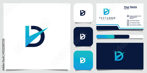 D initial logo design template with check mark and business card concept