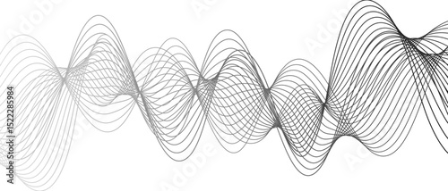 Abstract black and white wave pattern with overlapping, curving lines forming smooth, sense of depth, rhythm, and fluid motion. Aesthetic is minimalist, elegant digital or scientific visualization.