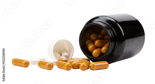 Medicine Capsules in Bottle Pharmaceutical Treatment on Transparent Background