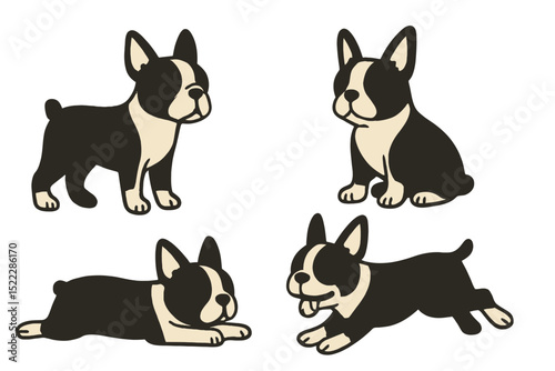 Four cartoon French bulldogs in different poseson a transparent background 
