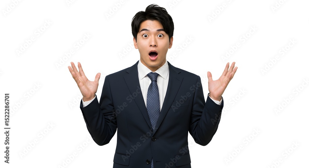 A surprised professional man in formal business attire expressing shock and disbelief with a gesture, captured in a photorealistic studio shot. A surprised professional man in formal business attire expressing shock and disbelief with a gesture, captured in a photorealistic studio shot.