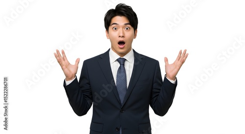 A surprised professional man in formal business attire expressing shock and disbelief with a gesture, captured in a photorealistic studio shot.