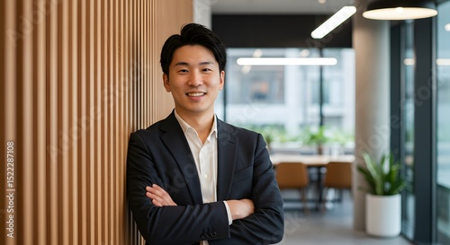 A confident, sharp dressed businessman poses for a photograph, radiating both approachability and professional finesse in a modern office environment. 