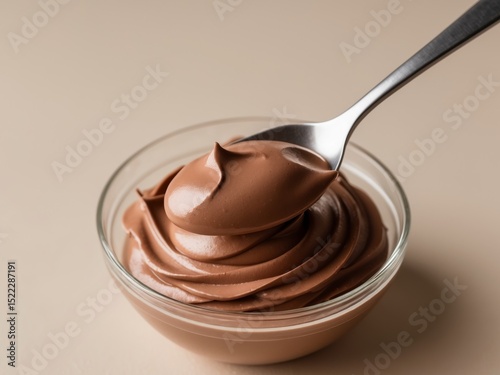 Delicious Chocolate Mousse in Glass Bowl, Served with a Spoon, Ready to Eat.