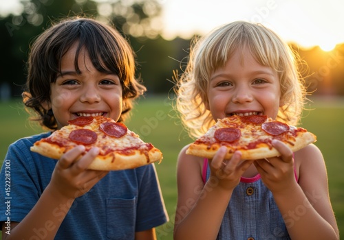 Two excited children share pizza slices, enjoying a sunny day with joyful smiles and tasty food.