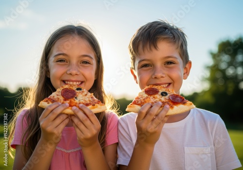 Two cheerful children share pizza and smiles on a bright, sunny day outdoors.