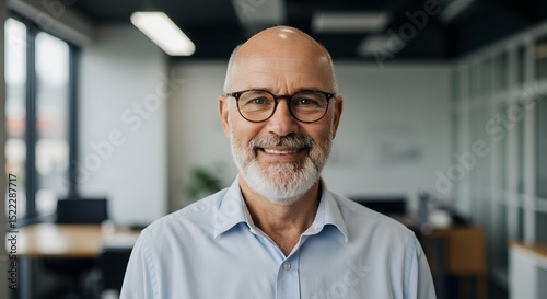A portrait of a distinguished gentleman exudes warmth and approachability, wearing glasses and a confident gaze. Set within a modern office.