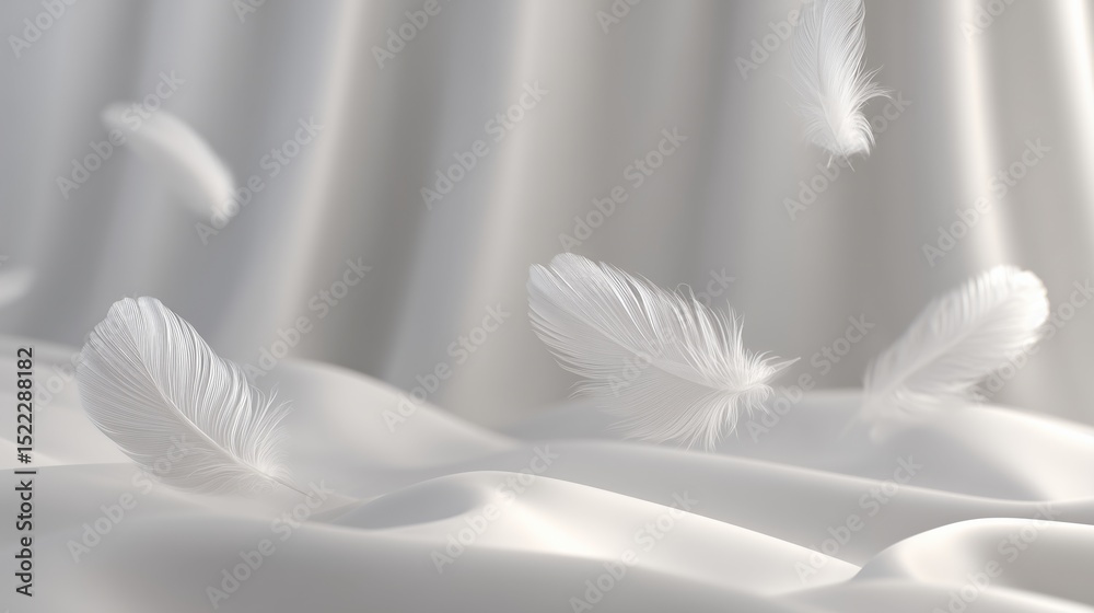 Fototapeta premium white feathers falling down, delicate feathers placed on a soft white fabric background, minimal composition, peaceful 