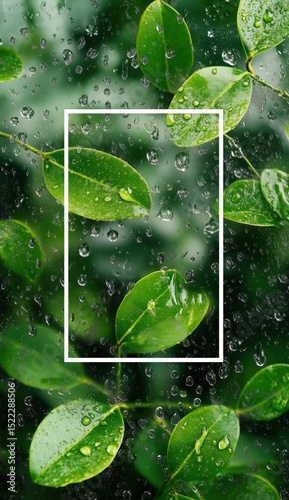 Rain drops on vibrant green leaves create a refreshing atmosphere in a natural setting during a rainy day