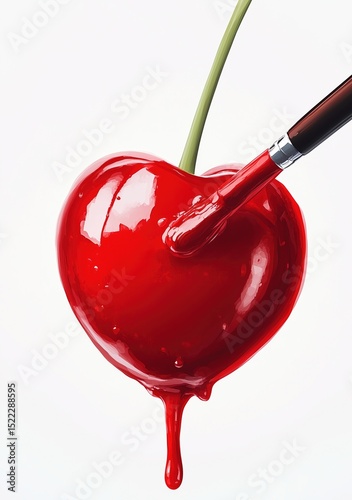 Creative heart-shaped cherry being painted with a brush in bright red color against a plain background