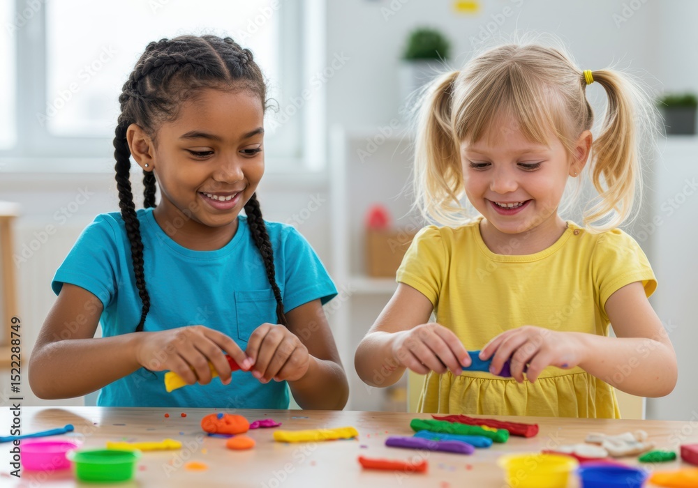 Fototapeta premium Two young girls enjoy a creative playtime session using colorful modeling clay at the table.
