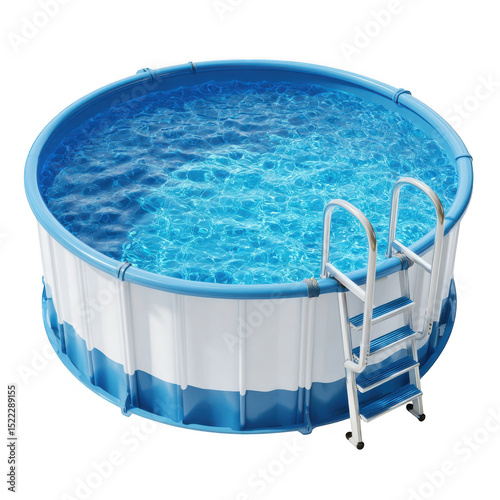 Round above ground swimming pool with ladder and blue water isolated on transparent background