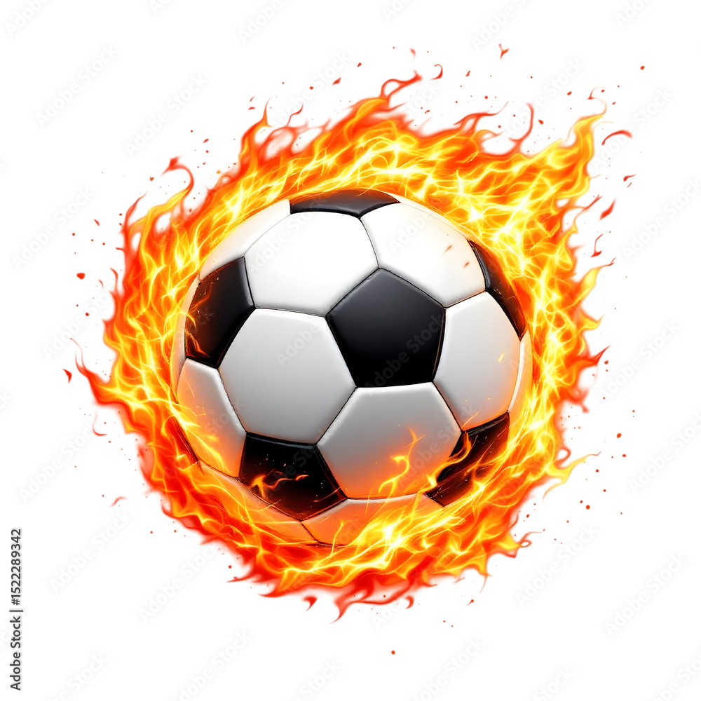 Naklejka premium A soccer ball engulfed in flames with a black background creating a fiery effect