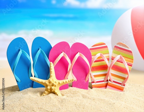 Three pairs of colorful flip flops in the sand near a starfish and beach ball, with ocean and sky in the background.