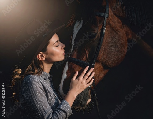 A young woman in a cowboy hat lovingly kisses a horse's face, bathed in soft golden light, expressing trust and emotional connection.