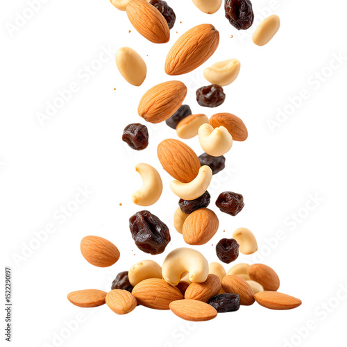 Assortment of almonds cashews and raisins falling against a black background studio shot