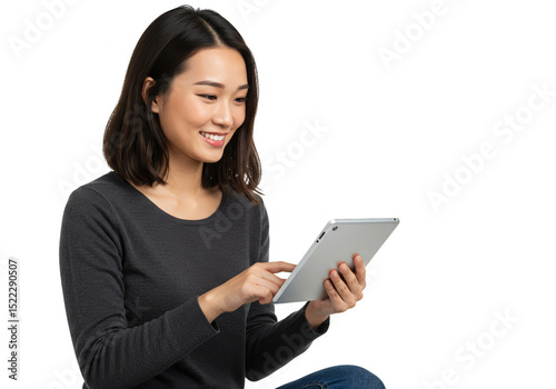 Photo of Smiling Asian Woman Using Digital Tablet on Transparent