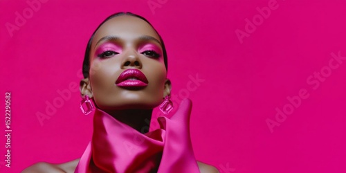 Beauty portrait of afro american fashion model with glamour pink creative makeup and designer earrings and scarf on pink background.Macro.AI Generative.