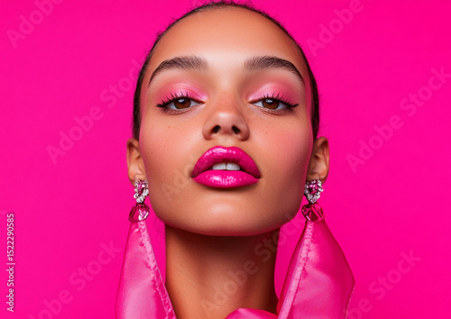 Beauty portrait of afro american fashion model with glamour pink creative makeup and designer earrings and scarf on pink background.Macro.AI Generative.